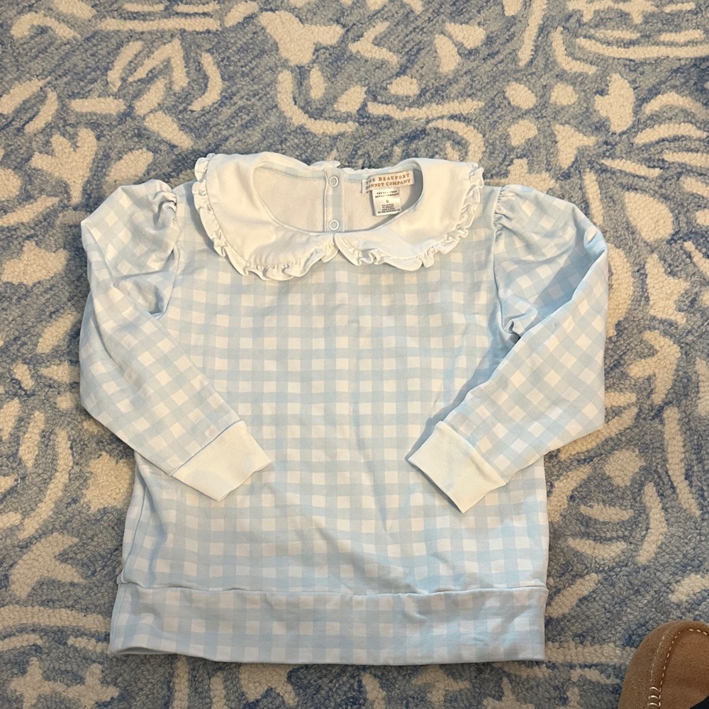 The Beaufort Bonnet Company Light Blue Checkered Blouse with Ruffle Collar